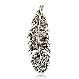Tibetischen Stil Legierung Rhinestone-große Anhänger, Feder, Antik Silber Farbe, 97x34x3 mm, Bohrung: 1.5 mm