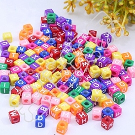 Mixed Color Acrylic Enamel Beads, Cube with White Letter