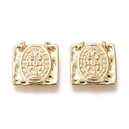 Brass Charms, with Jump Rings, Long-Lasting Plated, Square with Saint Benedict Medal/Saint Benedict