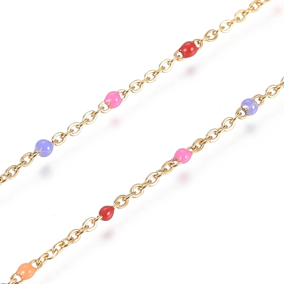 Ion Plating(IP) 304 Stainless Steel Enamel Link Chains, Cable Chains, Soldered, with Spool, Flat Oval, Colorful