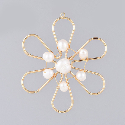 Natural Cultured Freshwater Pearl Pendants, Wire Wrapped Pendants, with Alloy Findings, Flower