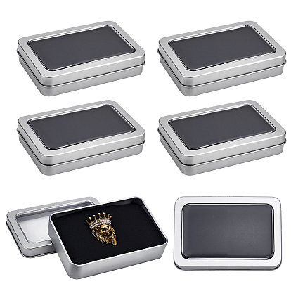 Tinplate Storage Boxes, with Window Lid and Black Sponge Inside, Rectangle