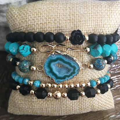Brass Stretch Beaded Bracelets & Link Bracelets Sets, with Resin Beads, Natural Howlite & Black Onyx & Black Agate & American Turquois Beads, Golden