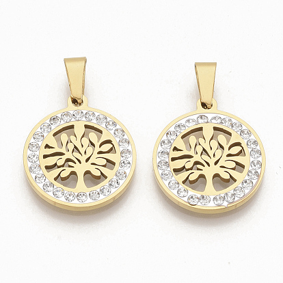 201 Stainless Steel Pendants, with Random Size Snap On Bails and Polymer Clay Crystal Rhinestones, Flat Round with Tree
