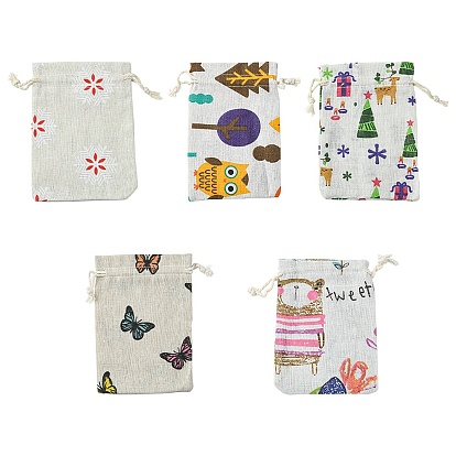 10Pcs 5 Styles Printed Polycotton(Polyester Cotton) Packing Pouches Drawstring Bags, Rectangle