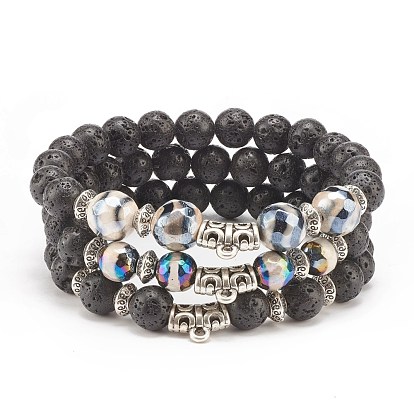 3Pcs 3 Style Natural Lava Rock & Tibetan Agate Stretch Bracelet with Alloy Tube Beaded, Essential Oil Gemstone Jewelry for Women