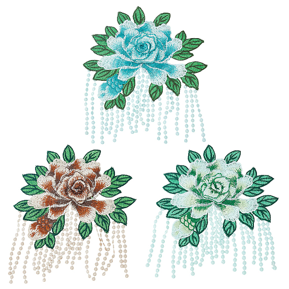 6Pcs 3 Colors Computerized Embroidery Cloth Sew on Patches, Peony Flower Appliques, Ornament Accessories