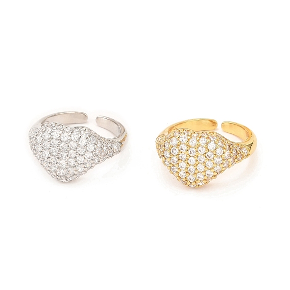 Brass Micro Pave Cubic Zirconia Cuff Ring, Open Rings, Long-Lasting Plated, Heart