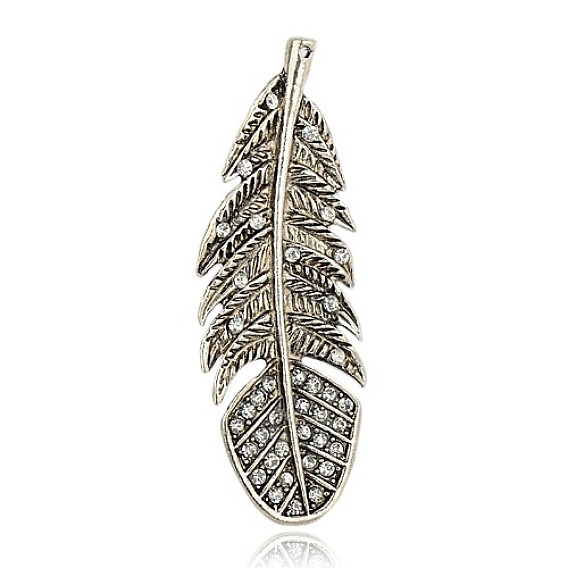 Alliage de style tibétain strass gros pendentifs, plume, argent antique, 97x34x3mm, Trou: 1.5mm