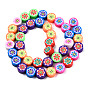 Handmade Polymer Clay Beads Strand, Flat Round with Flower & Smiling Face