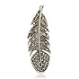 Alliage de style tibétain strass gros pendentifs, plume, argent antique, 97x34x3mm, Trou: 1.5mm