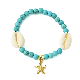 6mm Round Synthetic Turquoise & Natural Shell Beaded Stretch Bracelets, Beach Starfish 304 Stainless Steel Charm Bracelets for Women