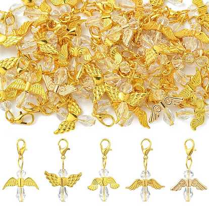 50 piezas 5 estilo de vidrio y aleación decoraciones colgantes, con broches de langosta de la aleación de la garra, ángel, dorado