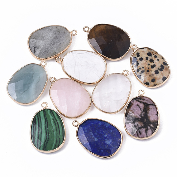 Gemstone Pendants, with Golden Plated Edge Brass Findings, Nickel Free, Faceted, Oval