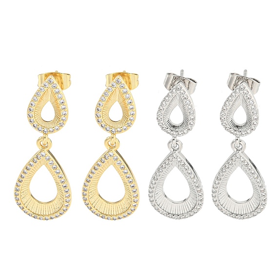 Серьги-гвоздики с подвесками из латуни в форме каплевидного паве с прозрачным фианитом