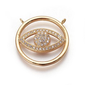 Brass Micro Pave Cubic Zirconia Pendants, Flat Round with Eye
