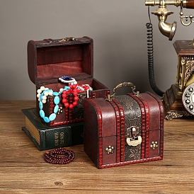Retro Wood Jewelry Set Storage Organizer Boxes with Handle, Treasure Chest for Earrings, Rings, Necklaces