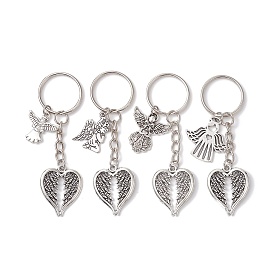 4Pcs 4 Styles Tibetan Style Alloy Keychains, with Iron Split Key Rings, Wing with Angel