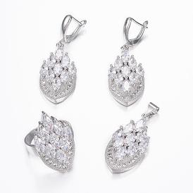Brass Micro Pave Cubic Zirconia Jewelry Sets, Pendants & Hoop Earrings & Finger Rings, Marquise/Horse Eye, Platinum