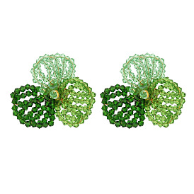 Handmade Green Crystal Beaded Flower Earrings - Unique Design, Handwoven, Three Petals.