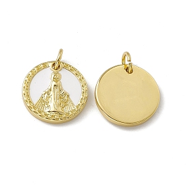 Rack Plating Brass Enamel Charms, with Jump Ring, Cadmium Free & Nickel Free & Lead Free, Real 18K Gold Plated, Flat Round with Virin of Mary Pattern Charms