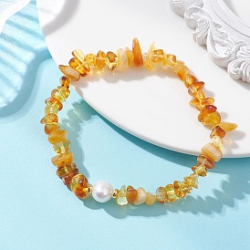 Эластичные браслеты из натурального янтаря и культивированного пресноводного жемчуга для женщин., чип и круг