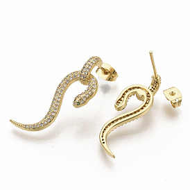 Brass Micro Pave Clear Cubic Zirconia Stud Earrings, with Earring Backs, Snake, Real 16K Gold Plated