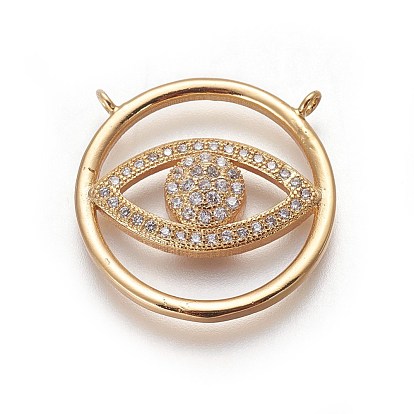 Brass Micro Pave Cubic Zirconia Pendants, Flat Round with Eye