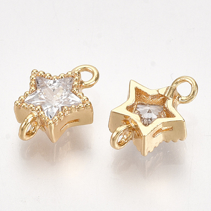 Brass Cubic Zirconia Links, Nickel Free, Real 18K Gold Plated, Star, Clear