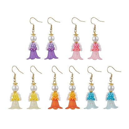 Серьги-подвески из стеклянных бусин ручной работы, с имитацией жемчуга и акрилом, золотые