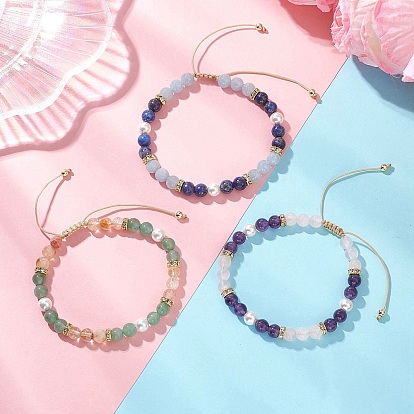3 шт. браслеты из круглых бусин из натуральных смешанных драгоценных камней и жемчуга из ракушек, плетеные из бусин., плетеные браслеты из нейлоновой нити для женщин, с Гальваническим немагнитных синтетическими гематита бисера