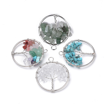 Natural & Synthetic Gemstone Pendants, with Platinum Iron Findings, Flat Round with Tree of Life