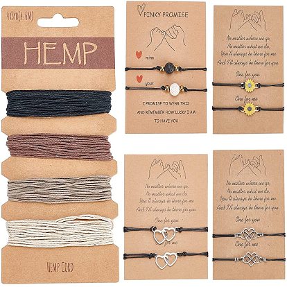 Adjustable Waxed Cord Braided Bead Bracelets Set, Valentines Friendship Bracelets, with Alloy Round Beads and Jute Cord