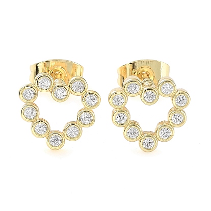 Brass Micro Pave Cubic Zirconia Stud Earrings, Heart Jewelry for Women