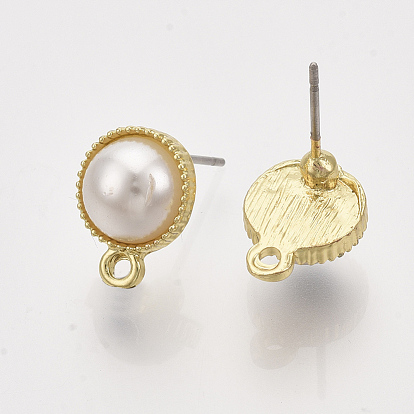 Alloy Stud Earring Findings, with ABS Plastic Imitation Pearl, Steel Pins and Loop, Flat Round, Creamy White