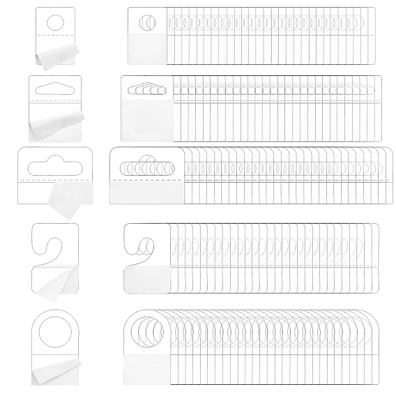 250Pcs 5 Style Transparent PVC Self Adhesive Hang Tabs, with Euro Slot Hole Foldable, for Store Retail Display Tabs, Mix-shaped