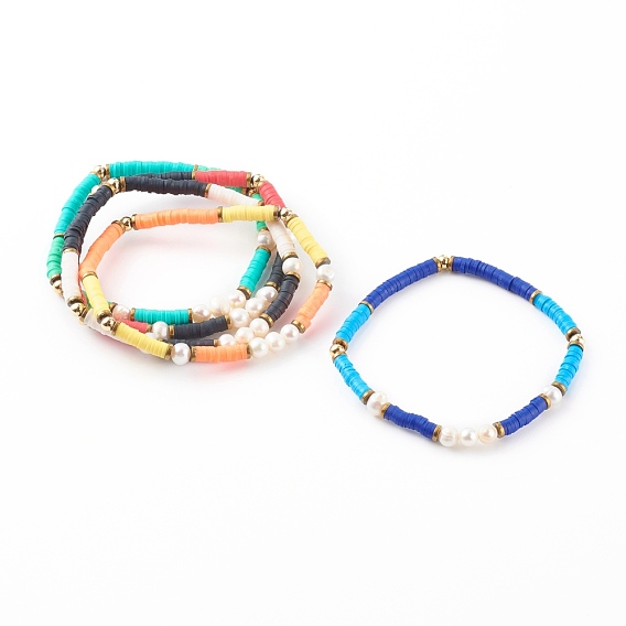 Heishi-Perlen-Stretch-Armbänder aus Polymerton, mit natürlichen Perlenperlen und nichtmagnetischen synthetischen Hämatitperlen