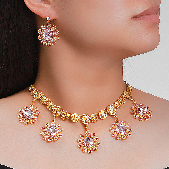 Комплекты из ожерелий с подвесками из сплава и стекла и серег-гвоздиков, цветок