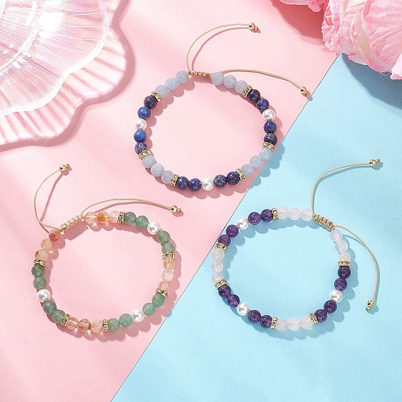 3 шт. браслеты из круглых бусин из натуральных смешанных драгоценных камней и жемчуга из ракушек, плетеные из бусин., плетеные браслеты из нейлоновой нити для женщин, с Гальваническим немагнитных синтетическими гематита бисера