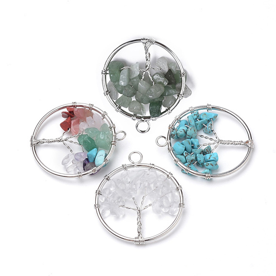 Природные и синтетические Gemstone подвески, с фурнитурой платина железная, плоские круглые с дерева жизни