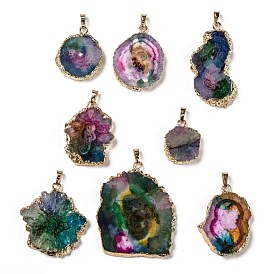 Dyed Natural Solar Agate Slices Pendants, Edge Plated, with Golden Plated Brass Findings, Nuggets