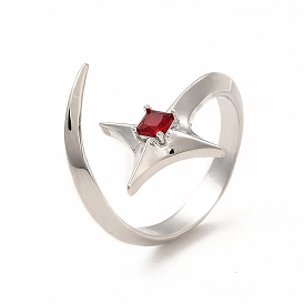 Red Cubic Zirconia Star Open Cuff Ring, Rack Plating Brass Jewelry for Women, Cadmium Free & Lead Free