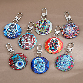 Retro Bohemian Painted Printing Totem Pendant Geometric Large Round Blue Eyes Keychain