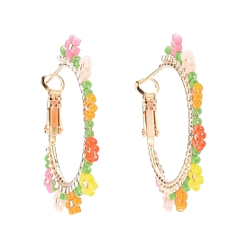 Brass Hoop Earrings, with Colorful Handmade Japanese Seed Beads, Flower