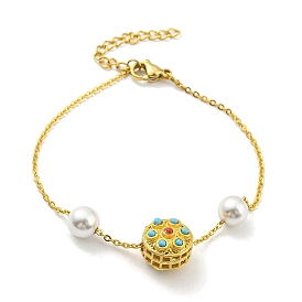 Brass with Synthetic Turquoise Flat Round Link Bracelet with Plastic Pearl Beaded, with Ion Plating(IP) 304 Stainless Steel Chains, Long-Lasting Plated