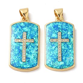 Rack Plating Brass Micro Pave Clear Cubic Zirconia Pendants, with Opal, Cadmium Free & Lead Free, Long-Lasting Plated, Rectangle with Cross
