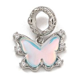 Rack Plating Brass Clear Cubic Zirconia European Dangle Charms, Light Blue Resin Butterfly Large Hole Pendants, Long-Lasting Plated