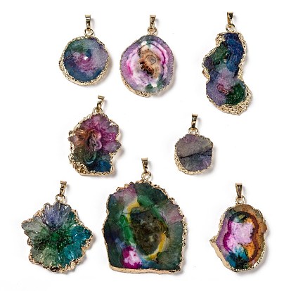 Dyed Natural Solar Agate Slices Pendants, Edge Plated, with Golden Plated Brass Findings, Nuggets