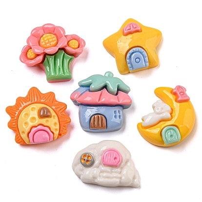 Cartoon House Opaque Resin Decoden Cabochons, Flower & Sun & Moon, Mixed Shapes