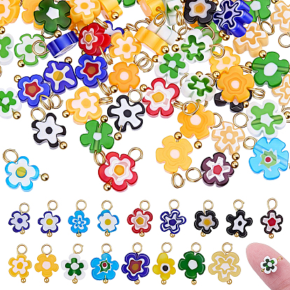 80 Stück handgefertigte Millefiori-Glasanhänger, Blume, mit Messing-Schleife